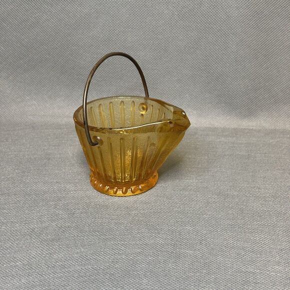 Vntg Toothpick/Ashtray Hazel Atlas Coal Bucket w/Handle Amber Depression Glass - Picture 2 of 9